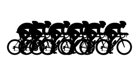 Black Solid Paceline Cycling Silhouettes Set of Six on White Background isolated on plain white background.のイラスト素材