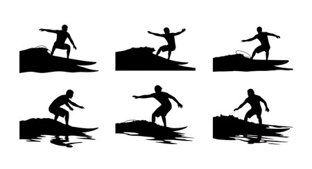 Black Solid Surfer Arms Spread Silhouettes Set of Six on White Background isolated on plain white background.のイラスト素材