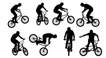 Black Solid BMX Flatland Silhouettes Set of Six on White Background isolated on plain white background.のイラスト素材