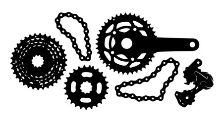 Black Solid Bicycle Gears and Chain Silhouettes Set of Six on White Background isolated on plain white background.のイラスト素材