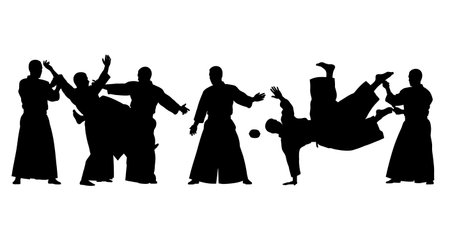 Black Solid Aikido Wrist Lock Silhouettes Set of Six isolated on plain white background.のイラスト素材