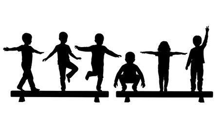 Black Solid Kids Balance Beam Silhouettes Set of Six on White Background isolated on plain white background.のイラスト素材