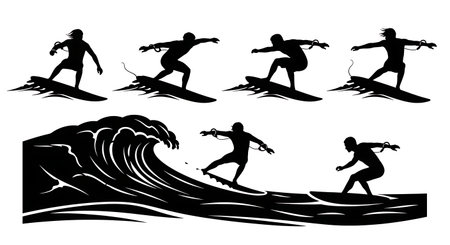 Black Solid Surfer Handcuff Pose Silhouettes Set of Six on White Background isolated on plain white background.のイラスト素材