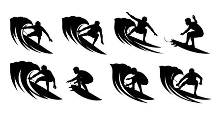 Black Solid Surfer Barrel Hand Drag Silhouettes Set of Six on White Background isolated on plain white background.のイラスト素材