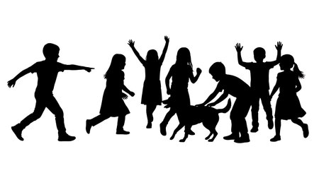 Black Solid Kids Playing with Dog Silhouettes Set of Six on White Background isolated on plain white background.のイラスト素材
