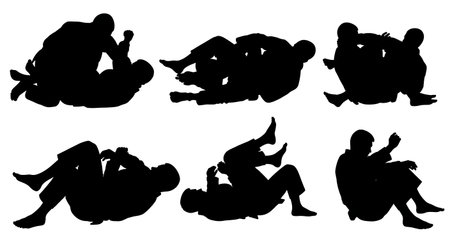 Black Solid Jiu Jitsu Ground Fighting Silhouettes Set of Six isolated on plain white background.のイラスト素材
