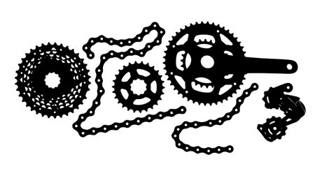 Black Solid Bicycle Gears and Chain Silhouettes Set of Six on White Background isolated on plain white background.のイラスト素材