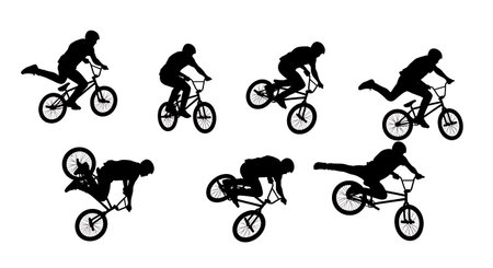 Black Solid BMX Superman Trick Silhouettes Set of Six on White Background isolated on plain white background.のイラスト素材