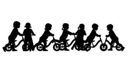 Black Solid Toddler Balance Bike Silhouettes Set of Six on White Background isolated on plain white background.のイラスト素材