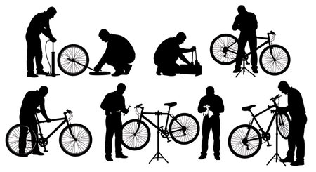 Black Solid Bicycle Repair Silhouettes Set of Six on White Background isolated on plain white background.のイラスト素材