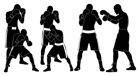 Black Solid Boxing Defensive Stances Silhouettes Set of Six isolated on plain white background.のイラスト素材
