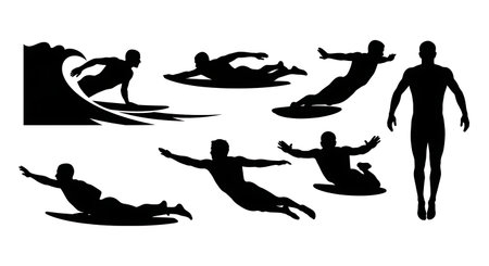 Black Solid Bodysurfer Silhouettes Set of Six on White Background isolated on plain white background.のイラスト素材