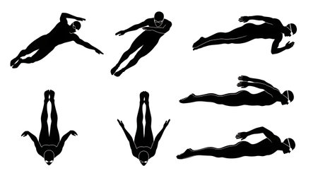 Black Solid Backstroke Swimmer Silhouettes Set of Six on White Background isolated on plain white background.のイラスト素材