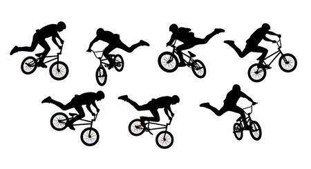 Black Solid BMX Superman Trick Silhouettes Set of Six on White Background isolated on plain white background.のイラスト素材