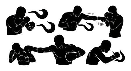Black Solid Boxing Hook Punch Silhouettes Set of Six isolated on plain white background.のイラスト素材