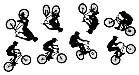 Black Solid BMX Dirt Jump Trick Silhouettes Set of Six on White Background isolated on plain white background.のイラスト素材