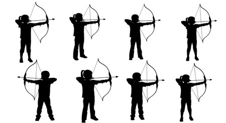 Black Solid Kids Archery Silhouettes Set of Six on White Background isolated on plain white background.のイラスト素材