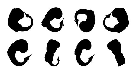 Black Solid Boxing Hook Punch Silhouettes Set of Six isolated on plain white background.のイラスト素材