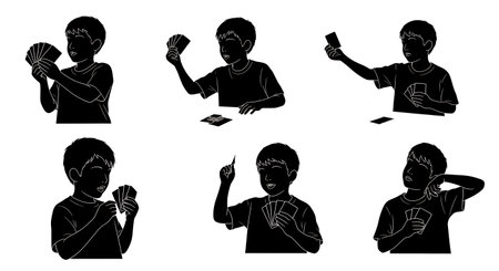 Black Solid Kids Card Games Silhouettes Set of Six on White Background isolated on plain white background.のイラスト素材