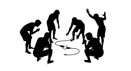 Black Solid Surfer Broken Leash Silhouettes Set of Six on White Background isolated on plain white background.のイラスト素材