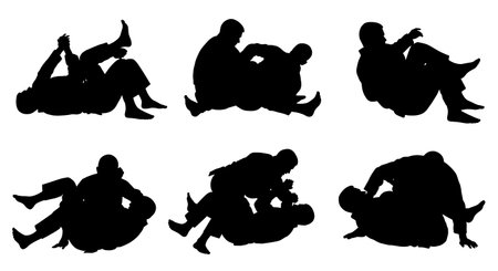 Black Solid Jiu Jitsu Ground Fighting Silhouettes Set of Six isolated on plain white background.のイラスト素材