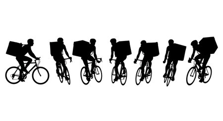 Black Solid Bicycle Messenger Silhouettes Set of Six on White Background isolated on plain white background.のイラスト素材