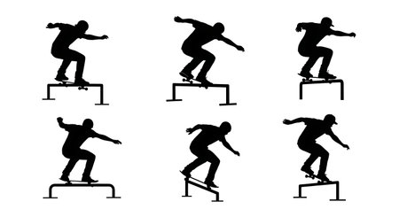 Black Solid Skateboarder Boardslide Silhouettes Set of Six on White Background isolated on plain white background.のイラスト素材