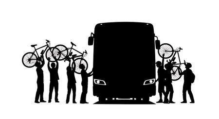 Black Solid Bus Bike Rack Silhouettes Set of Six on White Background isolated on plain white background.のイラスト素材