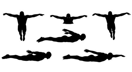 Black Solid Butterfly Stroke Silhouettes Set of Six on White Background isolated on plain white background.のイラスト素材