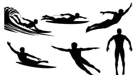 Black Solid Bodysurfer Silhouettes Set of Six on White Background isolated on plain white background.のイラスト素材