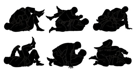 Black Solid Jiu Jitsu Ground Fighting Silhouettes Set of Six isolated on plain white background.のイラスト素材