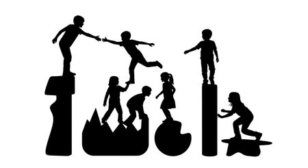 Black Solid Kids Floor is Lava Silhouettes Set of Six on White Background isolated on plain white background.のイラスト素材