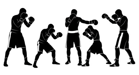 Black Solid Boxing Defensive Stances Silhouettes Set of Six isolated on plain white background.のイラスト素材