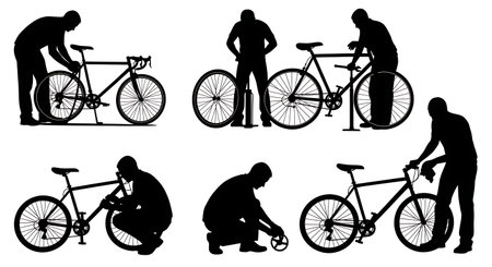 Black Solid Bicycle Repair Silhouettes Set of Six on White Background isolated on plain white background.のイラスト素材