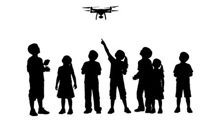 Black Solid Kids Flying Drone Silhouettes Set of Six on White Background isolated on plain white background.のイラスト素材