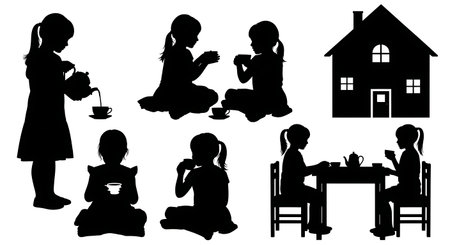 Black Solid Kids Tea Party Silhouettes Set of Six on White Background isolated on plain white background.のイラスト素材