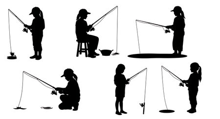 Black Solid Kids Fishing Silhouettes Set of Six on White Background isolated on plain white background.のイラスト素材