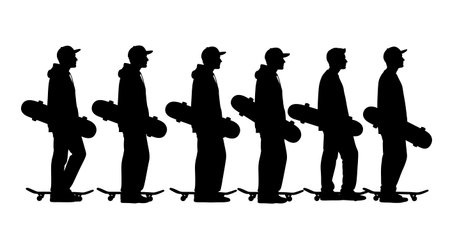 Black Solid Skateboarder Commuter Silhouettes Set of Six on White Background isolated on plain white background.のイラスト素材