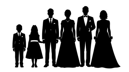 Black Solid Family Formal Wear Silhouettes Set of Six on White Background isolated on plain white background.のイラスト素材