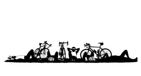 Black Solid Cyclist Resting on Grass Silhouettes Set of Six on White Background isolated on plain white background.のイラスト素材
