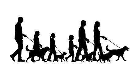 Black Solid Family Walking Dog Silhouettes Set of Six on White Background isolated on plain white background.のイラスト素材