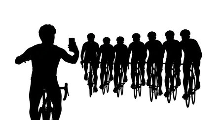 Black Solid Cyclist Taking Selfie Silhouettes Set of Six on White Background isolated on plain white background.のイラスト素材