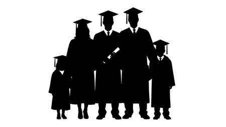 Black Solid Family Graduation Silhouettes Set of Six on White Background isolated on plain white background.のイラスト素材