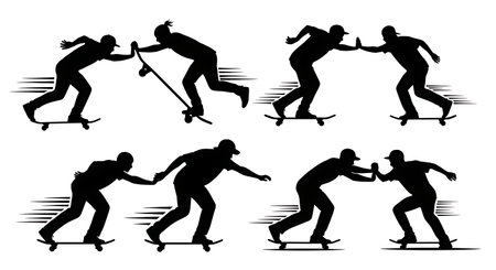 Black Solid Skateboarder Fast Push Silhouettes Set of Six on White Background isolated on plain white background.のイラスト素材