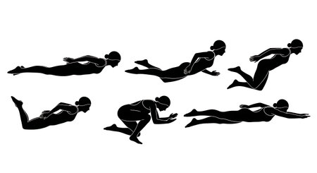 Black Solid Female Breaststroke Silhouettes Set of Six on White Background isolated on plain white background.のイラスト素材