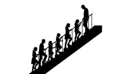 Black Solid Family on Stairs Silhouettes Set of Six on White Background isolated on plain white background.のイラスト素材