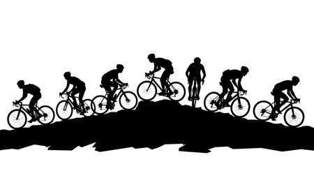 Black Solid Gravel Bike Rider Silhouettes Set of Six on White Background isolated on plain white background.のイラスト素材