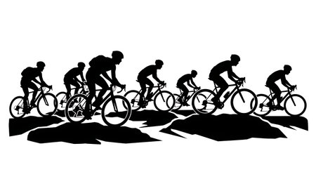 Black Solid Gravel Bike Rider Silhouettes Set of Six on White Background isolated on plain white background.のイラスト素材