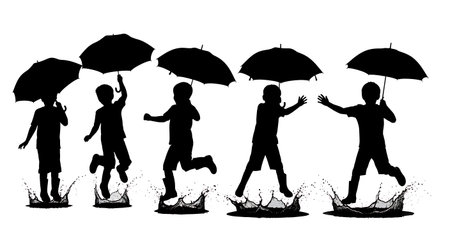 Black Solid Children Splashing Puddles Silhouettes Set of Six on White Background isolated on plain white background.のイラスト素材