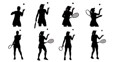Black Solid Female Tennis Service Toss Silhouettes Set of Six on White Background isolated on plain white background.のイラスト素材